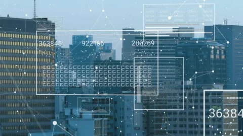 Data overlay appearing over skyline HUD frames sliding grid populating numbers Stock Footage 322220682
