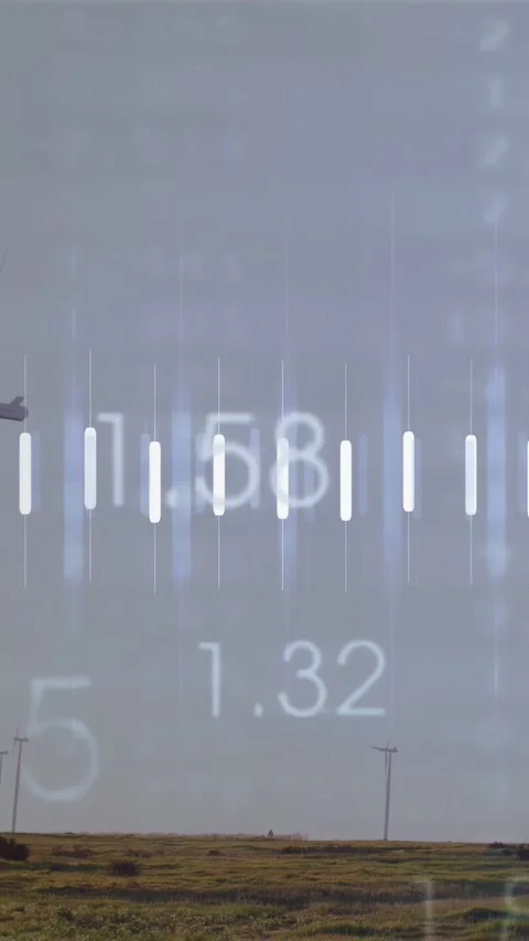 Data overlay appearing over wind turbine, pulsing bars and values, orange line Stock Footage 332735070