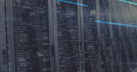 Data overlay appearing on server racks, code scrolling, blue scan line sliding Video stock 317185635