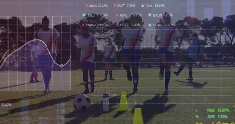 Data overlay appearing as seven female soccer players marching drills tapping Stock Footage 310973397