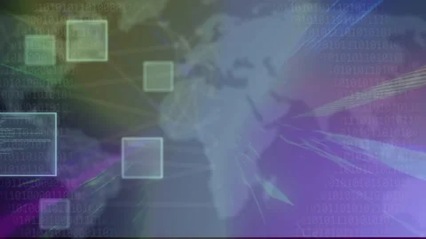 Data overlay appearing, squares emerging and ribbons sweeping across world map, Stock Footage 334466232