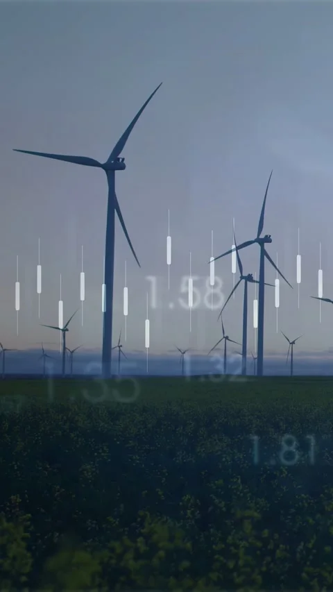 Data overlay appearing at start, turbines rotating and orange graph pulsing to Stock Footage 332735049