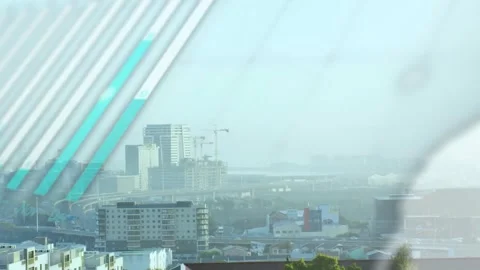 Data overlay appearing, translucent graphics shifting and forming to show urban Stock Footage 330756407