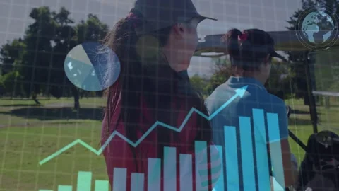 Data overlay appearing, two women golfers near cart handling clubs, analyzing Stock Footage 333648233