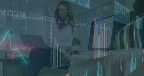 Data overlay appearing while woman in blouse placing laptop and checking data on Stock Footage 331048532