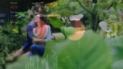 Data overlay blending tech over hydrangea, camera pulling back showing couple Vídeos de archivo 330055450