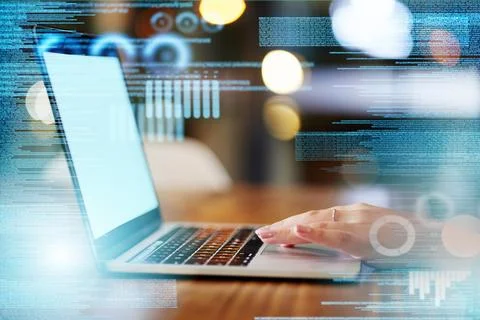 Data overlay, coder hands and laptop of a it worker with crypto coding and Stock-Fotos