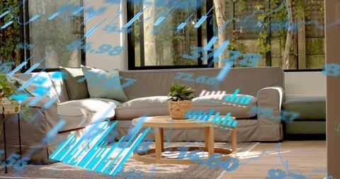 Data overlay drifting left, starting room scene revealing sofa, coffee table, Stock Footage 327121651