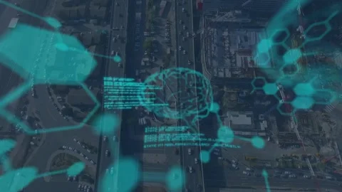 Data overlay fading in cyan brain emerging and analyzing traffic while code Stock Footage 323118977