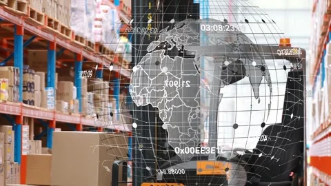 Data overlay fading in from right and sweeping across frame, forklift moving Stock Footage 333233751