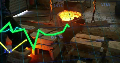 Data overlay flickering guiding metalworker stirring molten metal sample for Stock Footage 327642102