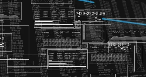 Data overlay opening frames filling while scrolling code with sweeping beam Stock Footage 317228704