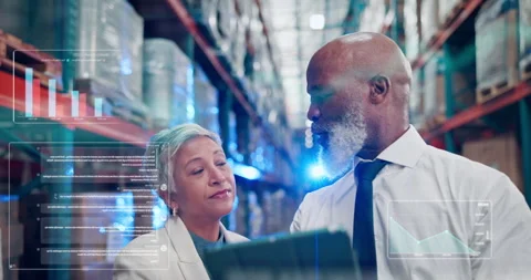 Data, overlay or people in warehouse with tablet, online logistics or quantity Stock Footage 319739631