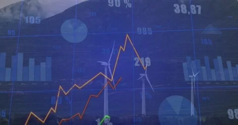 Data overlay projecting across wind farm, orange line climbing while green spike Stock Footage 319783432