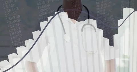 Data overlay rising obscuring doctor, animating bars and line graph, revealing Stock Footage 317740027
