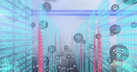 Data overlay rising over downtown rooftops, with translucent cyan-red columns Illustrazione stock