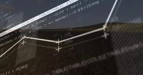 Data overlay rising over dusk hill, dusk light initiating line chart visualizing Stock Photos