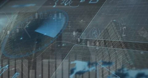 Data overlay showing candlestick and bar graphs over urban skyline, with numeric Stock Photos