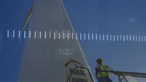 Data overlay signaling tech entry, tower filling frame, tech standing monitoring Stock Footage 333169206