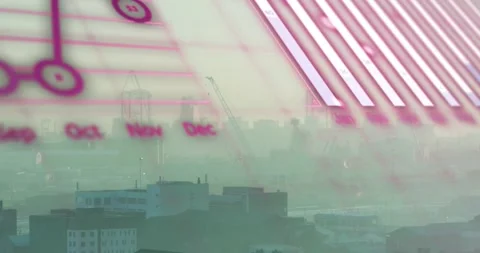 Data overlay sliding and fading over hazy skyline, triggered by slanted bars, Stock Footage 322119725