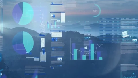 Data overlay sliding and stacking over misty ridges, sun flare initiating charts Stock Footage 330033129