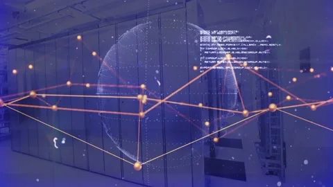 Data overlay starting in DC rotating dot-matrix globe reshaping orange mesh code Stock Footage 332955992