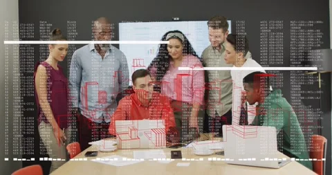 Data overlay starting, team-seven around table, red using laptop, wireframe Stock Footage 333967631