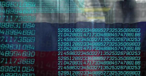 Data overlaying white blue red tricolor, streaming turquoise code on glass, Ilustración de archivo
