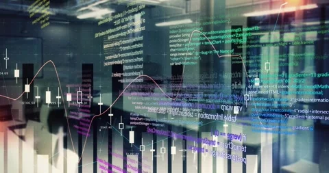 Data overlays animating as code blocks cascade, showing bars, candles, line Stock Footage 328584388