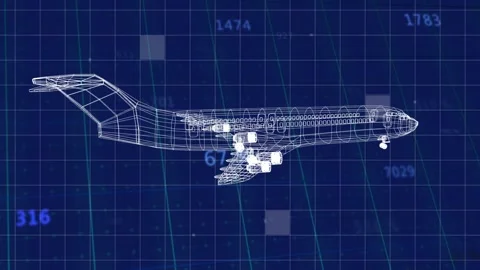 Data overlays appearing, wireframe jet rotating, banking, shifting across blue Video stock 333220967