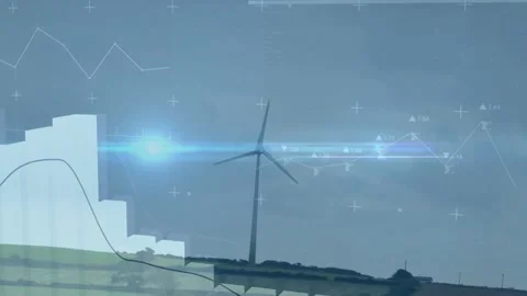 Data overlays rising, single 3-blade turbine turning, bars rising, flare moving, Stock Footage 334036550