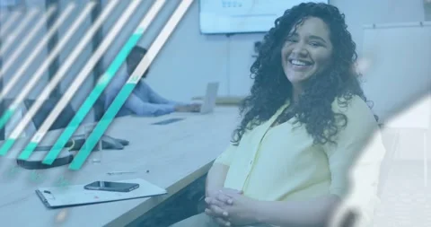 Data overlays shifting and revealing charts woman smiling laughing reacting to Stock Footage 331270215