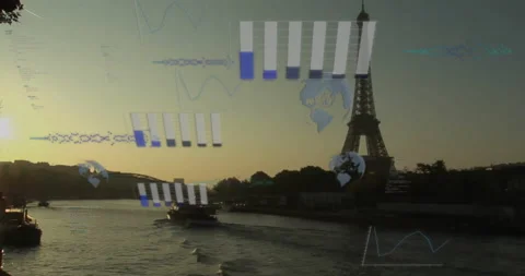 Data overlays streaming over Seine River at dusk, featuring bar charts, line Stock-Footage 308068289