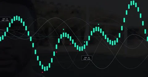 Data panel animating from marker, showing teal bars moving, revealing left face, イラスト素材