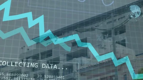 Data panel appearing, building HUD showing descending teal graph and ring chart Stock Footage 335281967