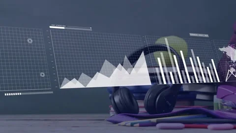 Data panel appearing, line or area or bar and world map sliding over books or Stock Footage 332405078