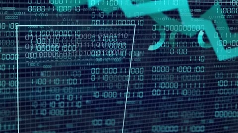 Data panel receiving live feed, scrolling binary, stacking teal values, forming Stock Footage 334351866