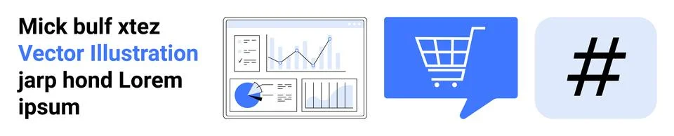 Data panel screen with charts, blue speech bubble with shopping cart, blue sq Illustrazione stock