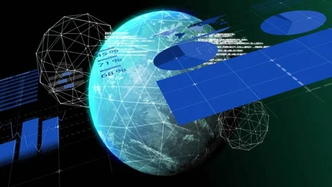 Data panel sliding from right, globe rotating, charts gliding, text scrolling, Stock Footage 331789184