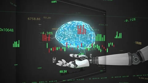 Data panel updating, robotic arm entering and presenting holographic brain to Stock Footage 334884257