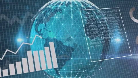 Data panels appearing initiating rotating globe pulsing while charts growing, Stock Footage 335282183