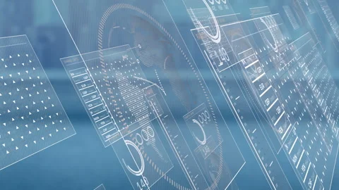 Data panels appearing then sliding while gauge rotating and numbers updating for Stock Footage 315535739