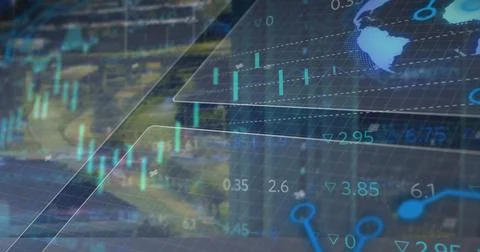 Data panels displaying on online dashboard, with candlestick charts, numeric Foto stock