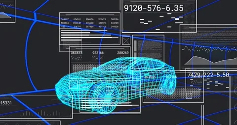 Data panels fading in around cyan 3D wireframe car illustrating virtual scan for Stock Footage 320088962