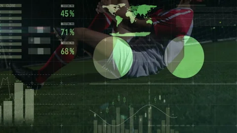 Data panels refreshing and driving soccer player curling knee for performance Stock Footage 312482380