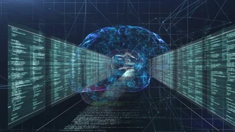 Data panels sliding inward forming tunnel, 3D brain glowing, light streak Stock Footage 334337811