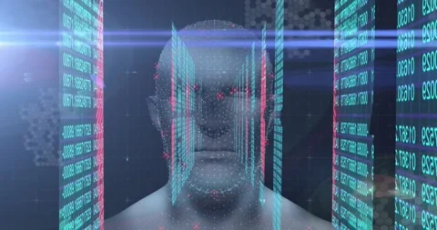 Data panels starting rebuild, 3D head forming dotted mesh while landmarks Stock Footage 328584784