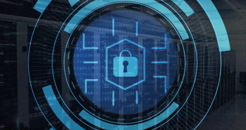 Data particles initiating HUD activation, shield icon appearing, arcs rotating, Stock Footage 311032012