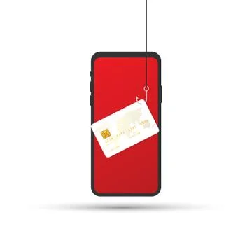 Data Phishing, credit or debit card on fishing hook, internet security. Vecto Stockillustratie
