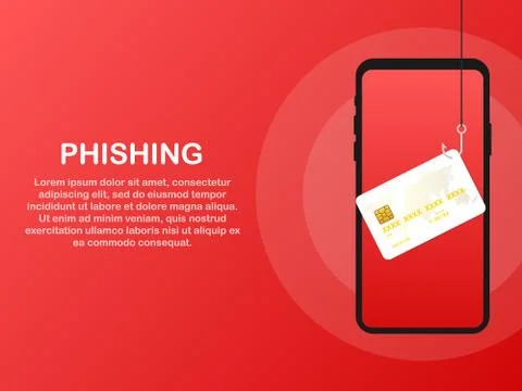 Data Phishing, credit or debit card on fishing hook, internet security. Vecto Illustrazione stock